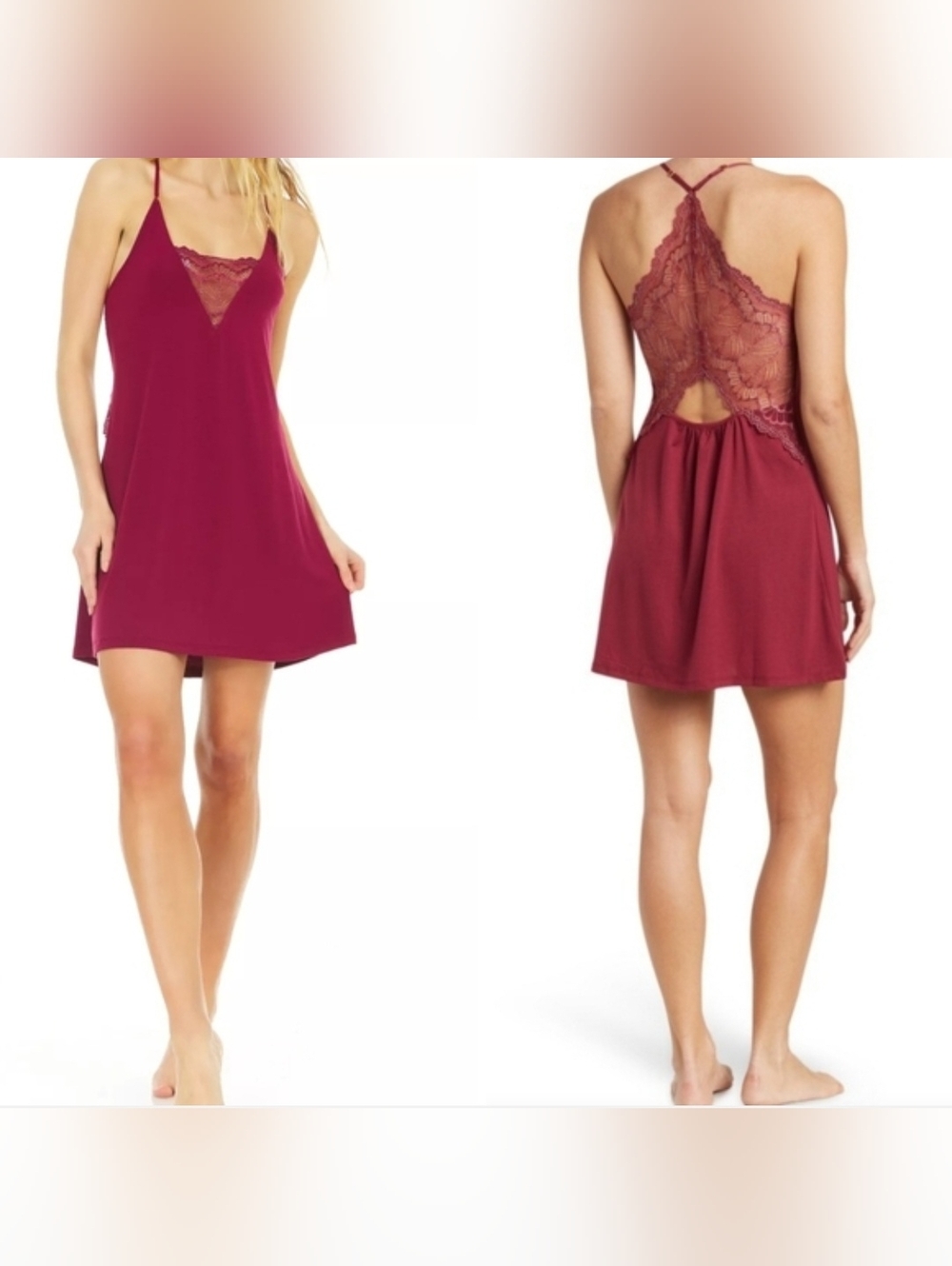 Flora by Flora Nikrooz Kat Lace-Trimmed Slip Chemise in Burgundy Color